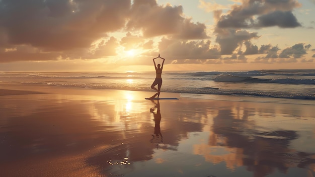 Yoga sur la plage au lever du soleil Une jeune femme debout sur une jambe dans une posture de yoga sur la plague au lever du Soleil