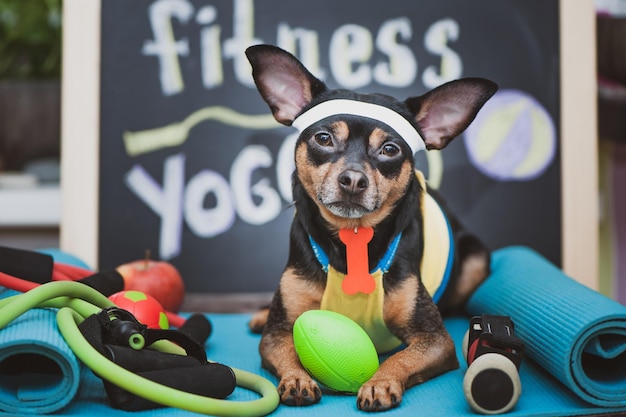 Yoga pour animaux de compagnie Remise en forme pour chiens Remise en forme et mode de vie sain pour animaux de compagnie Portrait de dresseur de chiens en studio entouré d'équipements sportifs