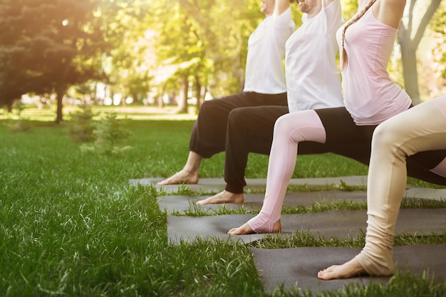 Yoga à pratiquer ensemble. Groupe de personnes méditant à l'extérieur, faisant des exercices d'étirement dans le parc, espace de copie