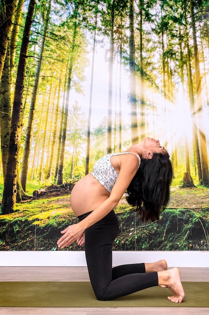 Yoga prénatal Instructeur de yoga enceinte faisant des exercices de respiration avec la tête en arrière