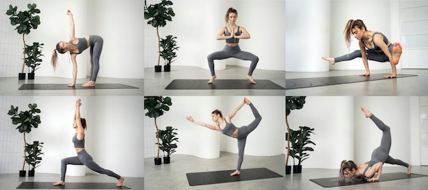 Photo yoga trainer femme exercices d'entraînement asana de flexibilité du corps