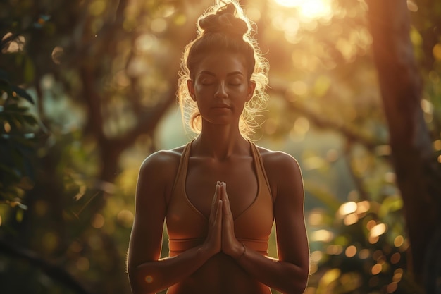 Yogi femme dans un état méditatif pendant un lever de soleil calmant Connexion avec la nature et soi Génération d'IA