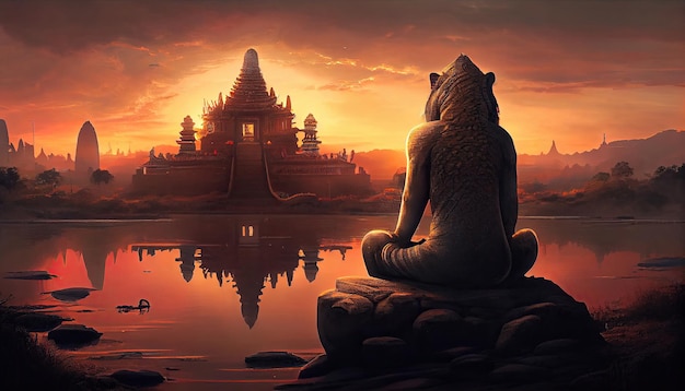 Le yogi lion est assis avec le dos dans la position du lotus.