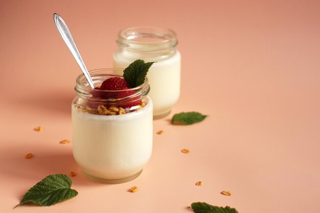 Yogourt blanc naturel dans un bocal en verre avec muesli aux framboises et cuillère en métal