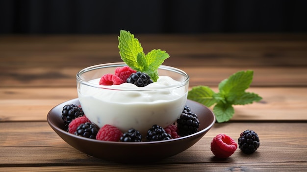 Yogourt fait maison avec des baies sur un fond en bois