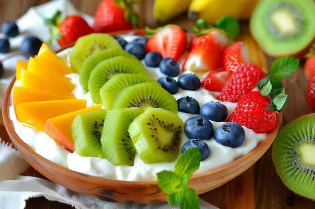 Yogourt avec des garnitures de fruits mélangés dans un bol