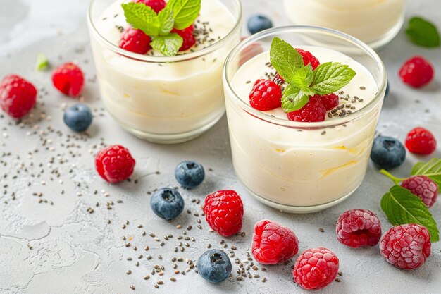 Yogourt avec des graines de chia et des baies dans des verres