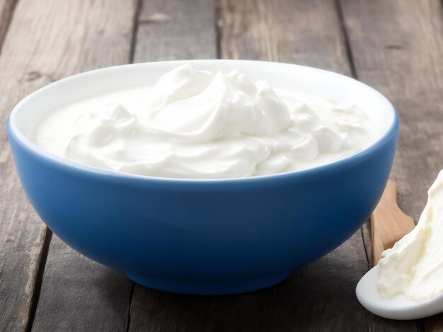 Yogourt grec dans un bol bleu sur une table en bois rustique