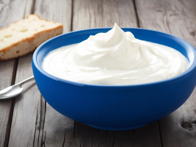 Yogourt grec dans un bol bleu sur une table en bois rustique