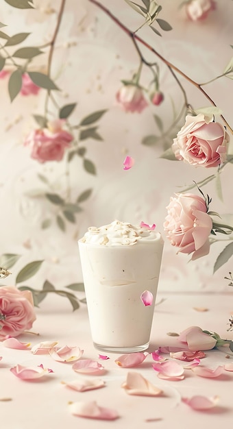 Le yogourt Lassi et les pétales de rose Décoration douce et délicate Co Illustration Nourriture Boisson Arômes indiens