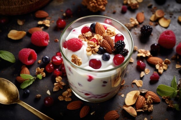 Photo yogourt avec musli et fruits sains