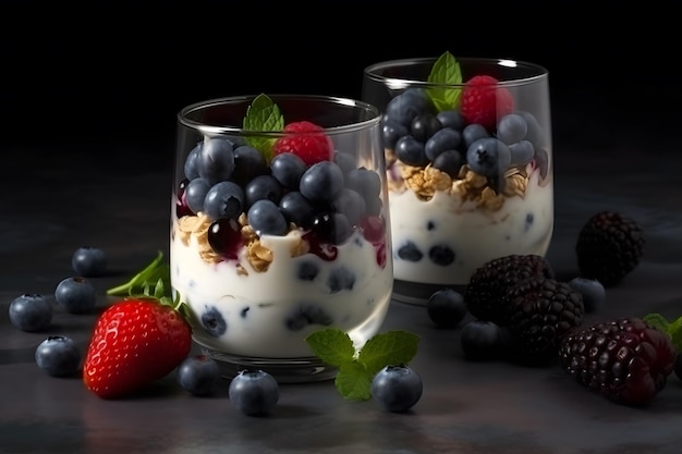 Yogourt naturel pour petit-déjeuner sain avec baies fraîches et muesli Réseau de neurones généré par l'IA