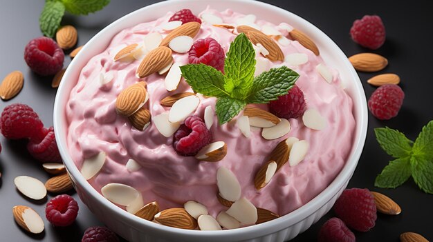 Yogourt à la rhubarbe et céréales d'amande dessert aux fruits nourriture saine