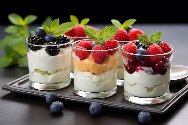 Yogourts avec des fruits dans des tasses en verre