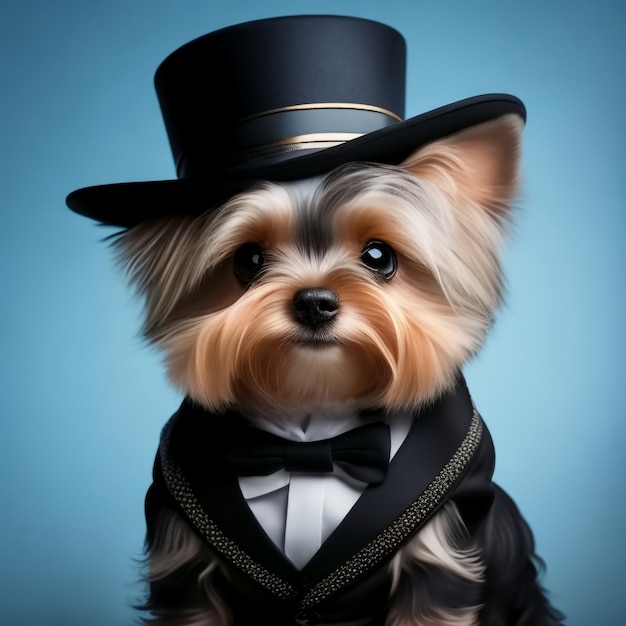 Yorkshire terrier dans un chapeau haut de forme noir, smoking noir et nœud papillon AI générative