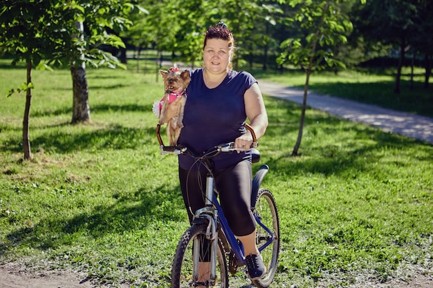 Yorkshire terrier dans les mains de grosse femme à vélo