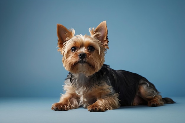 Yorkshire Terrier sur fond bleu Portrait d'un mignon chien