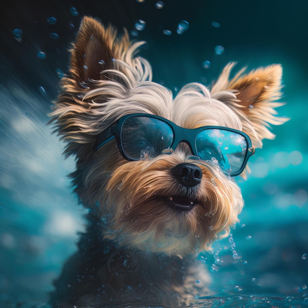 Yorkshire Terrier en lunettes de soleil surf sur l'eau bleue Illustration AI Generative