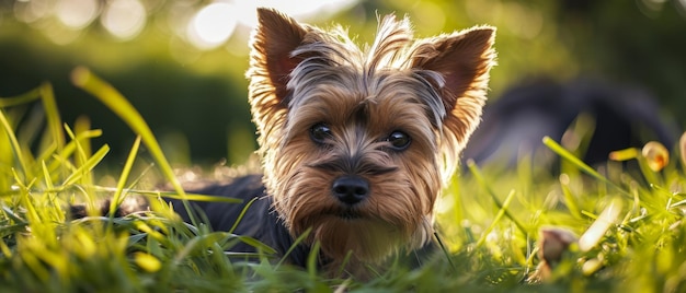 Le Yorkshire Terrier paresseux dans l'herbe ensoleillée