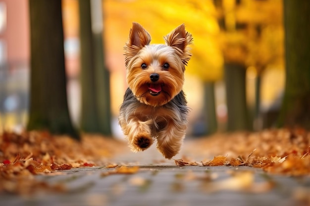 Un Yorkshire Terrier qui court dans un parc d'automne parmi les feuilles