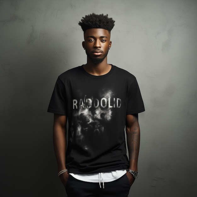 Photo young african male wearing a black shirt on a dark background with hands pocket