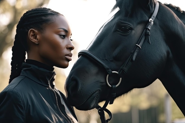Photo a young woman standing next to a black horse