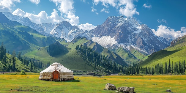 yurt nomade asiatique traditionnel dans un champ dans les hautes terres sur le fond des montagnes en été
