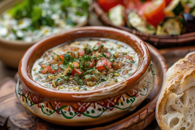 Zaalouk Dip d'aubergine marocaine servi avec des morceaux d'aobergine bouillis au pain