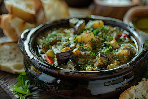 Zaalouk Dip d'aubergine marocaine servi avec des morceaux d'aobergine bouillis au pain