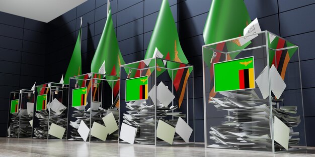 Zambie plusieurs urnes et drapeaux votant le concept d'élection illustration 3D