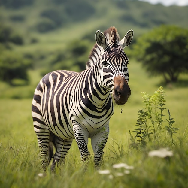 Un zèbre broutant dans une prairie luxuriante