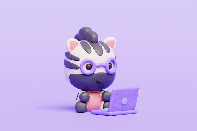 Zèbre mignon en 3D travaillant sur un ordinateur portable personnage d'animal de dessin animé rendu en 3D