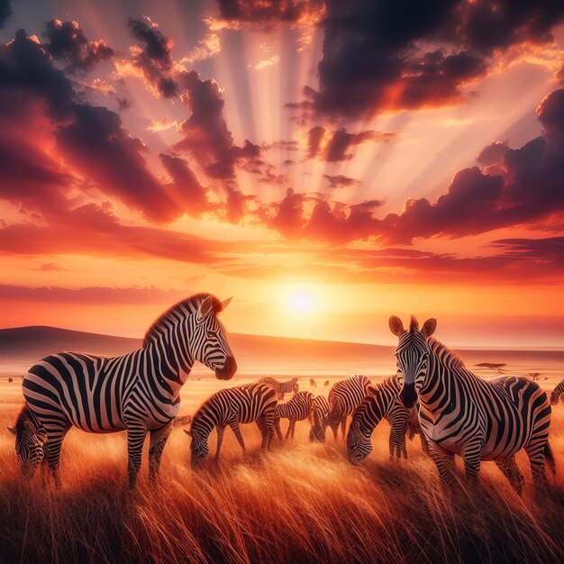 Des zèbres dans la savane africaine sur la toile de fond du magnifique coucher de soleil du parc national du Serengeti