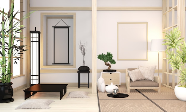 Le zen moderne associe un intérieur en bois de style zen orininal avec un tapis en tatami et un style japonais minimaliste avec un mur en bois. Rendu 3D