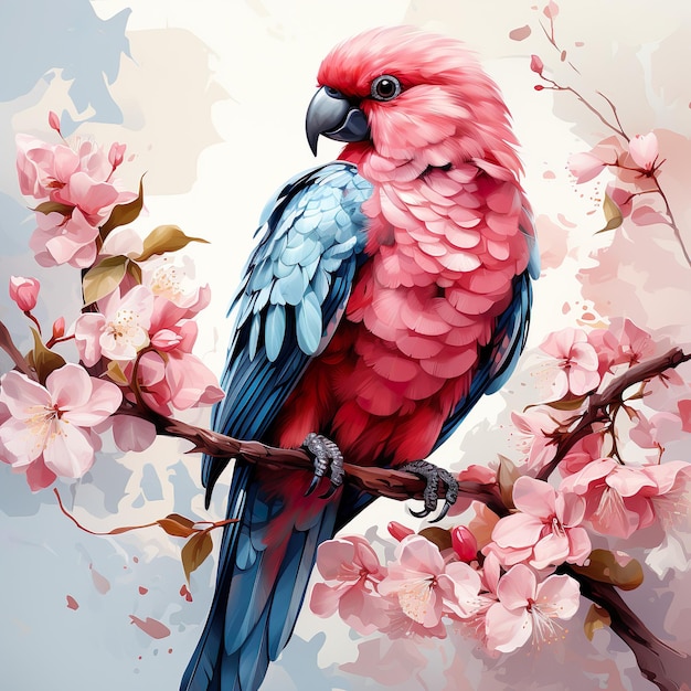 Zen Parrot Serenity Tranquil CartoonStyle Vector Art in Cherry Blossom Scene Gouache Illustration