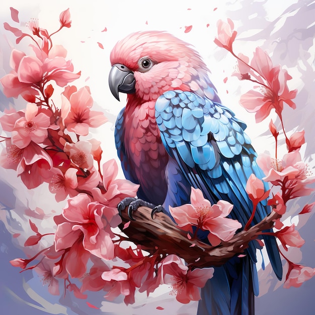 Zen Parrot Serenity Tranquil CartoonStyle Vector Art in Cherry Blossom Scene Gouache Illustration