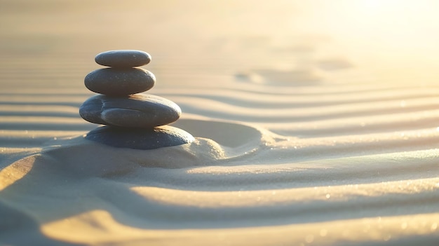 Zen pierres avec des lignes sur le sable spa thérapie pureté harmonie et équilibre concept IA générative