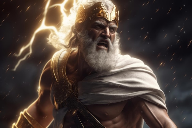 Photo zeus god of thunder olympus ruler with divine power fire background