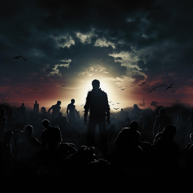 Zombie Apocalypse Concevez une scène avec des silhouettes de zombies sur un ciel éclairé par la lune.