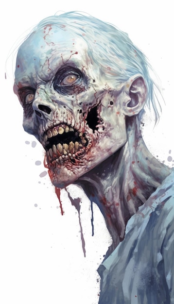 Zombie aux cheveux blancs et aux yeux bleus et un visage blanc ai génératif