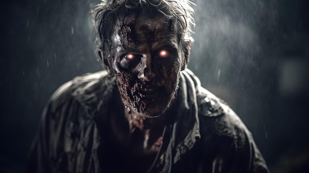 Un zombie aux yeux brillants se tient sous la pluie.