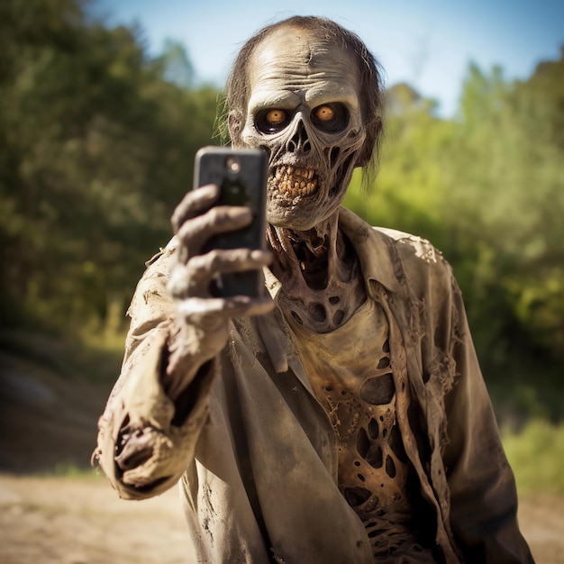 Un zombie aux yeux jaunes tient un téléphone.