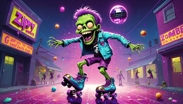 Le zombie avec une balle de disco et des patins à roulettes grouillant et riant sous une pluie de paillettes