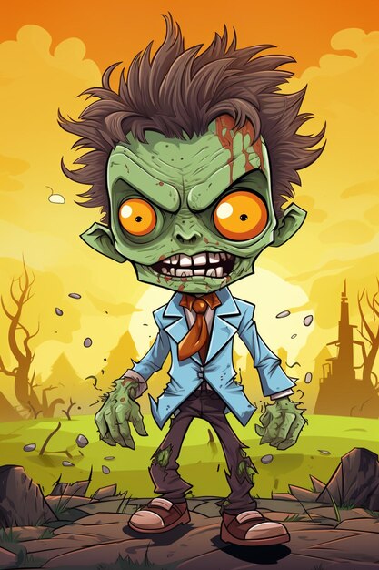 Photo un zombie de dessin animé en costume et cravate debout dans un champ génératif ai