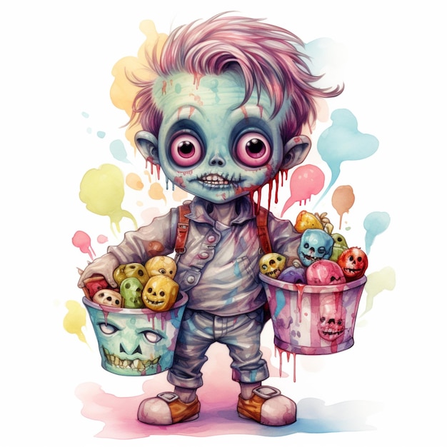 un zombie de dessin animé avec un seau de bonbons et un ours en peluche ai génératif