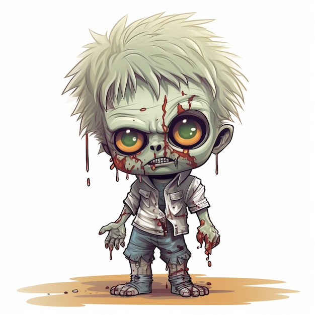 Un zombie de dessin animé avec des yeux verts et des cheveux blancs debout dans la saleté.