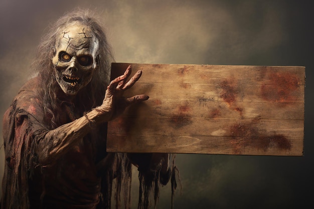 Un zombie drôle d'Halloween tenant une planche de bois vide