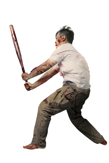 Zombie effrayant avec du sang et une blessure sur son corps tenant une batte de baseball isolée sur fond blanc