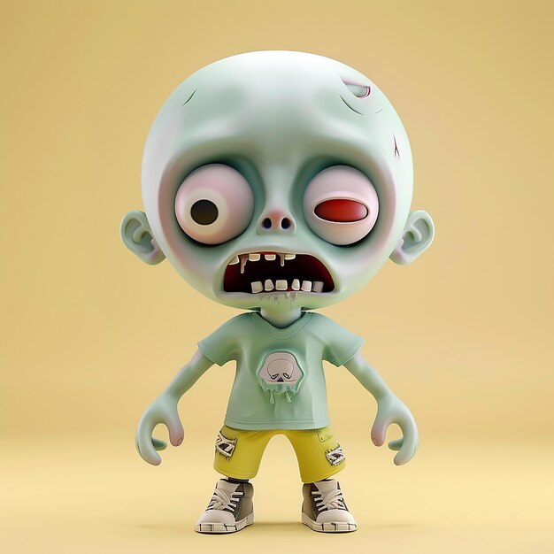 Un zombie effrayant avec une expression adorable, de petits emojis aux couleurs pastel douces.