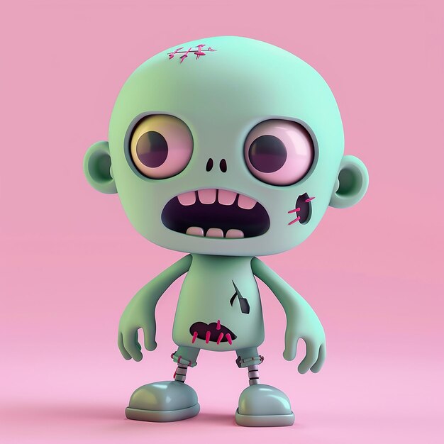 Un zombie effrayant avec une expression adorable, de petits emojis aux couleurs pastel douces.
